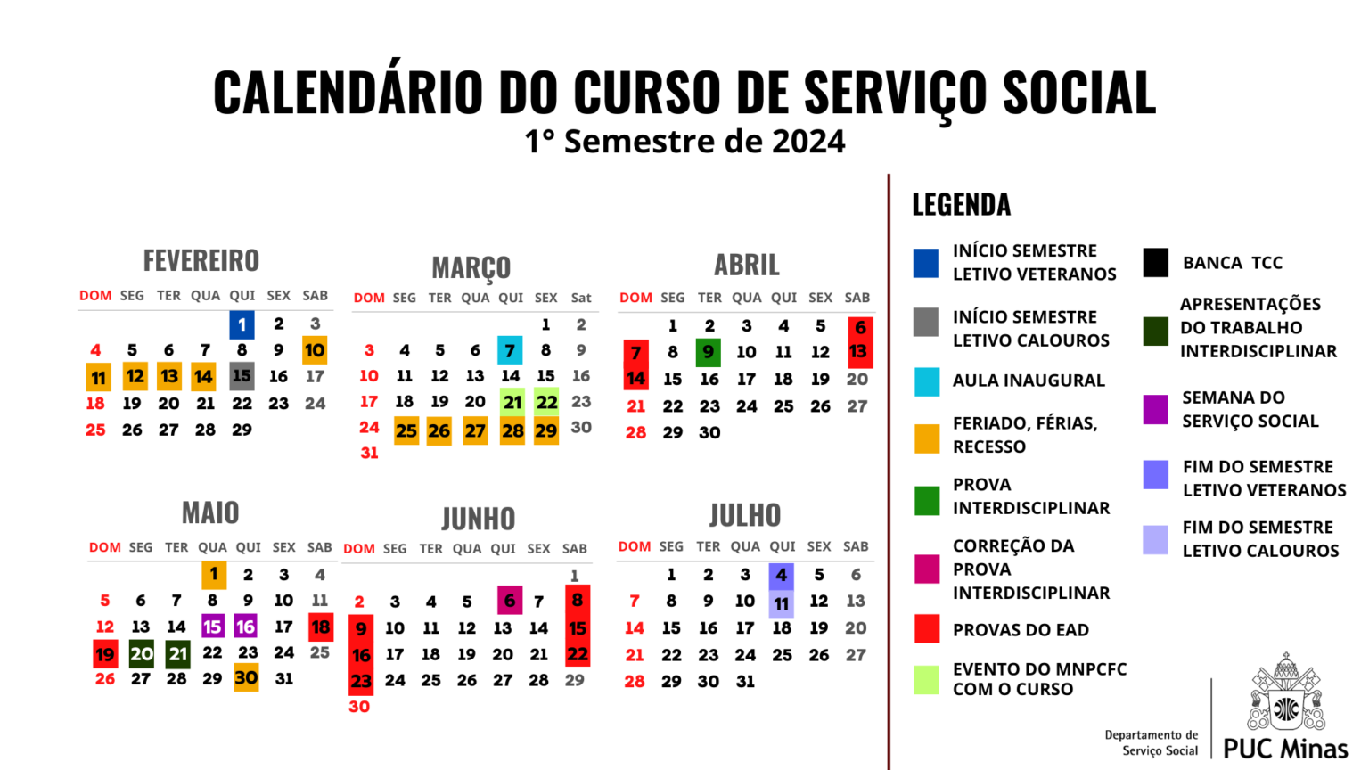 Calendário Acadêmico Serviço Social PUC Minas